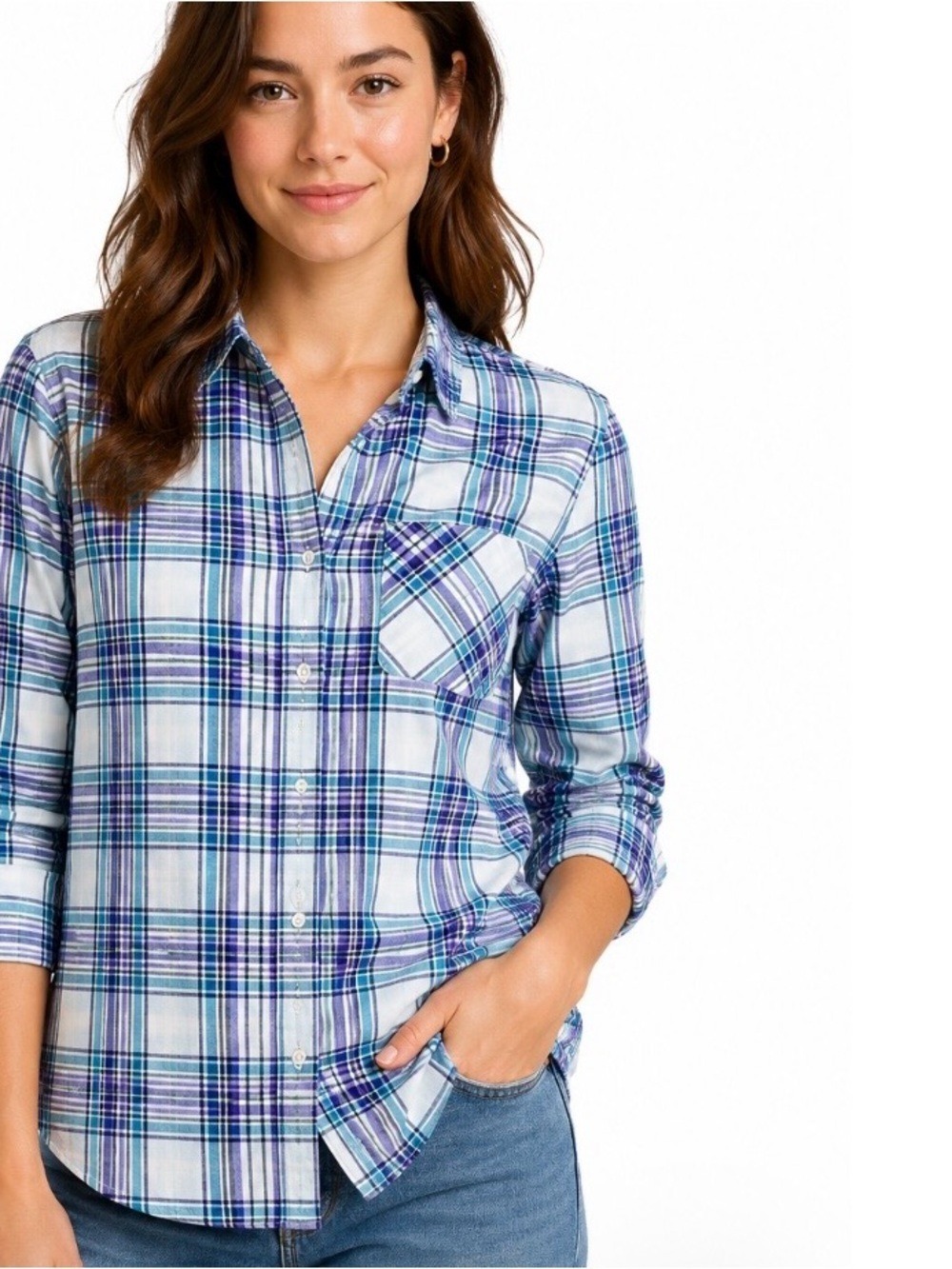 American Eagle Teal Purple And Blue Plaid Boyfriend Button Down Shirt - Picture 1 of 6